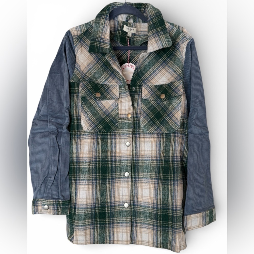 Umgee Green and Blue Plaid & Corduroy Shacket with Fringe on Back New